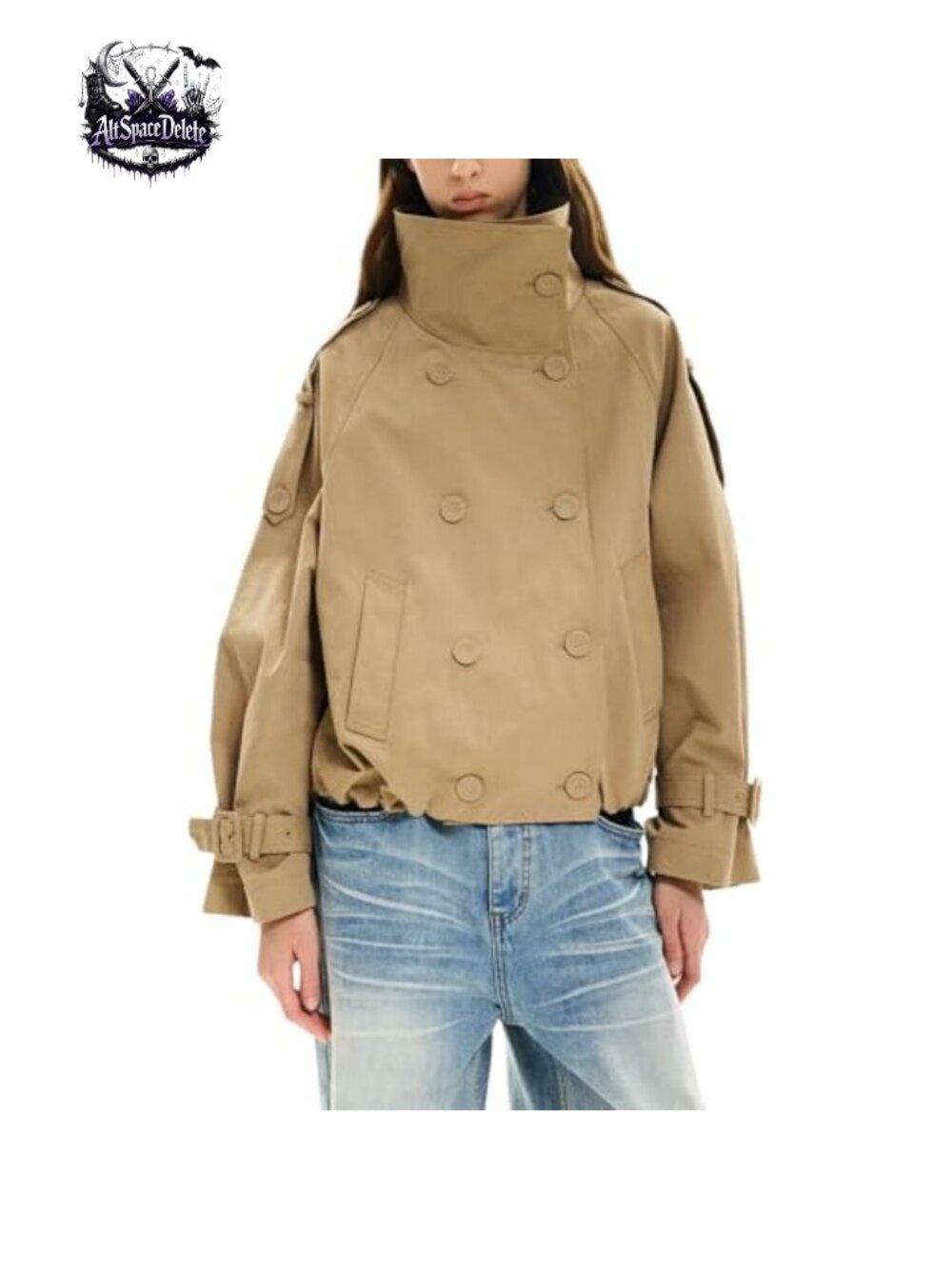 Cropped Trench Coat Funnel Neck Double Breasted Pleated Hem Lightweight